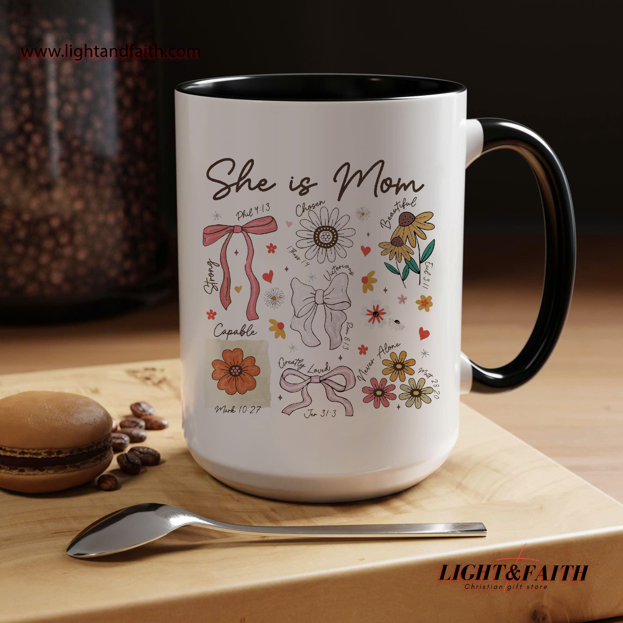 Christian Mom Mug with Bible Verses, She Is Mom Scripture Mug, Faith-Inspired Mother's Day Gift, Floral Bow Mug for Religious Moms MULAF67